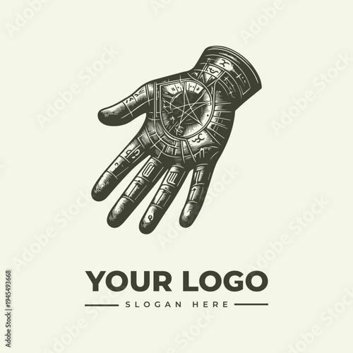 A vintage engraving style illustration of a hand with a pentagram on the palm and various symbols, with a logo and slogan text below on a beige background.