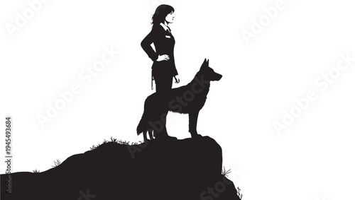 Woman in suit and German Shepherd dog silhouette standing on a rocky outcrop overlooking a vast expanse, symbolizing leadership and partnership.