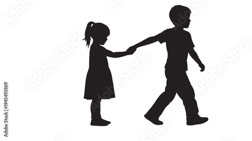 Children silhouettes holding hands walking together, with a girl in a dress and a boy in a t shirt, creating a bond.
