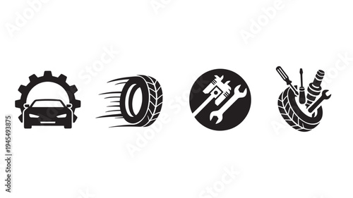 Car icons set with gear, tire, wrench, caliper, and tools for auto repair and service featuring automobile, vehicle, icon with symbol and logo