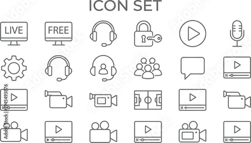 Media and streaming icon set with live free video camera microphone play headset user interface symbols vector collection