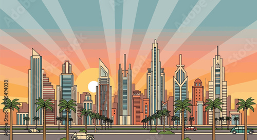 Vector cityscape at sunset with palm trees and skyscrapers