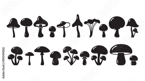 Mushrooms black silhouette icons with different cap shapes and sizes, isolated on a white background.