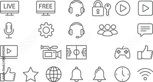 Media streaming and interface line icons set with live video microphone play headset user symbols technology vector collection