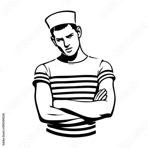 Dibujo con líneas de un hombre, con sombrero de marinero y camiseta de manga corta con rayas, de pie con los brazos cruzados 