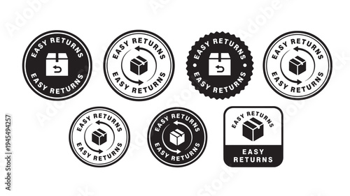 Icons of shipping boxes with return arrows and text indicating 'Easy Returns' in various circular and square designs