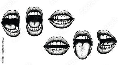 A set of six different mouths with various expressions on isolated white background