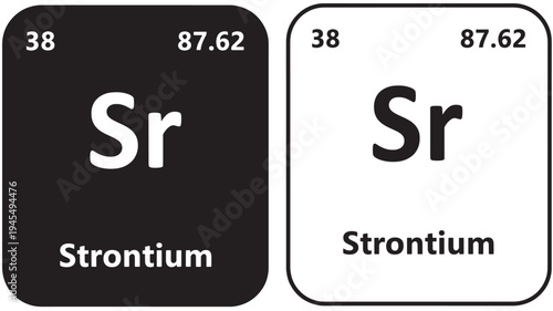 Strontium element tiles with atomic number 38 and atomic mass 87.62, presented in both black and white designs