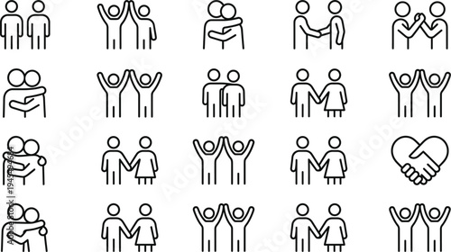 People relationship and teamwork line icons set with couple friendship support partnership handshake community symbols vector collection