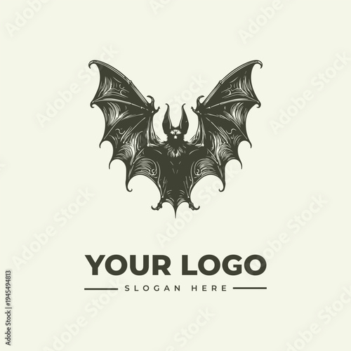 A vintage engraving-style logo featuring a bat with outstretched wings and a devil-like face, set against a clean white background with space for a slogan.