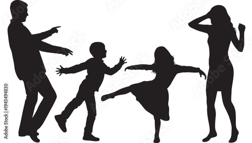 Silhouettes of a family dancing and playing together in various dynamic poses against a white background