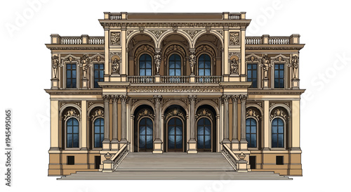 Vector illustration of a large beige building with arches and columns