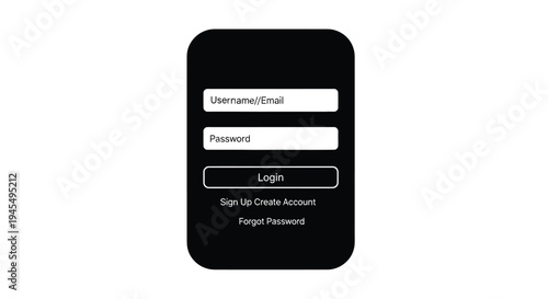 Black smartphone displaying a login screen with username password fields and buttons