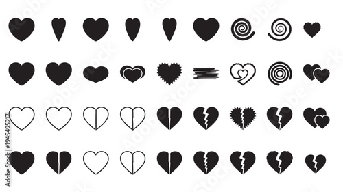 Hearts diverse symbols set with solid black and outline designs representing love, broken relationships, and abstract shapes.