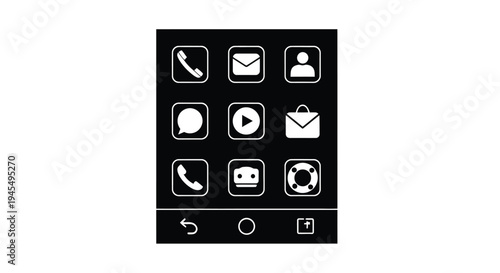 Black screen displaying nine white app icons and navigation controls