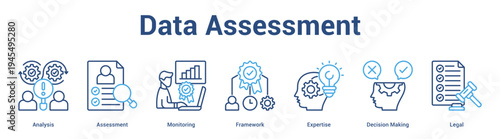 Data Assessment web banner icon set vector illustration concept for business with icon of Analysis, Assessment, Monitoring, Framework, Expertise, Decis.