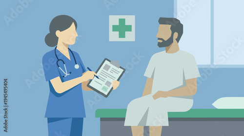 Doctor consulting with patient about medical examination report in a clinic examination room