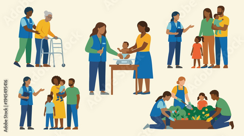 Community support and care services illustration with people of different ages and backgrounds