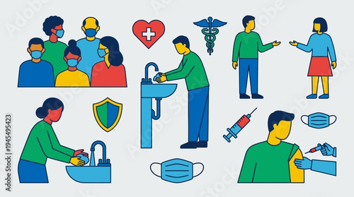 Comprehensive public health guidelines vector illustrations for pandemic prevention and community safety, featuring hygiene, vaccination, and mask usage