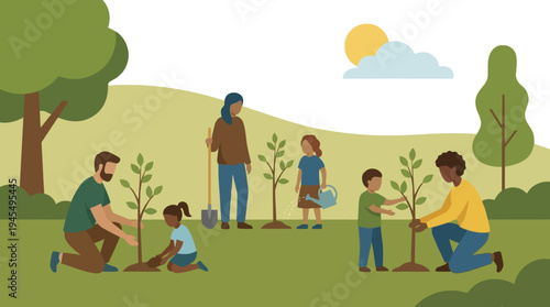 Illustration of diverse families planting trees in a park, symbolizing environmental conservation and community engagement for a greener future