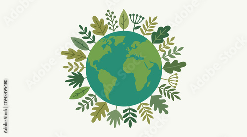 Planet Earth adorned with lush green foliage, an environmental vector illustration symbolizing global ecological balance and sustainability initiatives