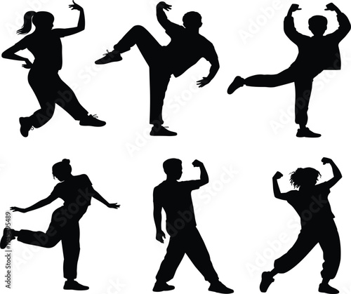 Modern hip hop dancer silhouette set, street dance action poses for urban culture, breakdance and pop choreography performance vector design