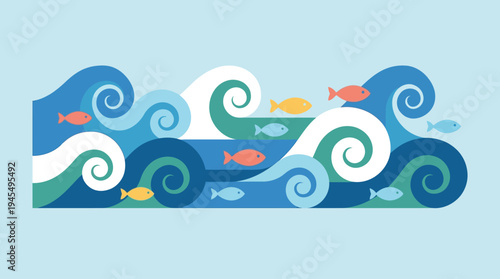 Dynamic Swirling Blue Ocean Waves with Colorful Fish Swimming - Modern Flat Vector Illustration of Marine Life and Water Movement