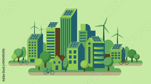 Eco-friendly cityscape with renewable energy sources and sustainable living