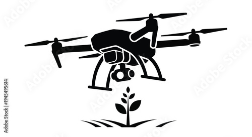 A black silhouette of a drone hovering over a small plant