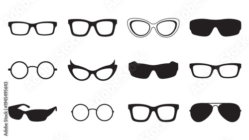 Eyeglasses and sunglasses silhouettes in a grid with various frame styles and lens shapes, on a white background.