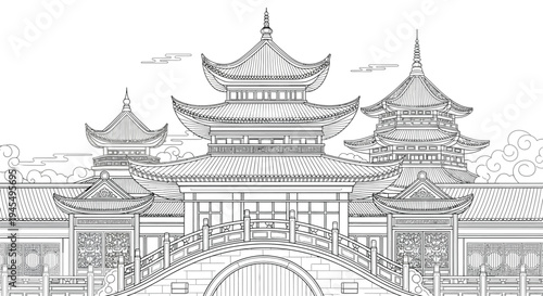 Asian temple, pagoda bridge, Chinese architecture, black and white illustration, EPS vector graphic