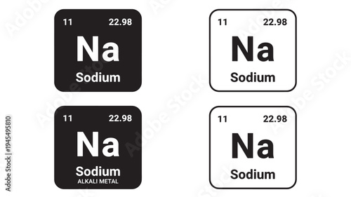 Sodium element squares with 'Na' symbol, atomic number 11, and atomic mass 22.98 featuring periodic table, Na, chemistry with science and education