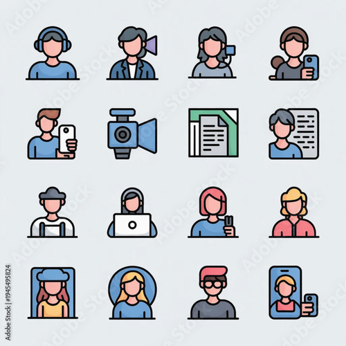 Colorful icons depicting various media professionals and related equipment