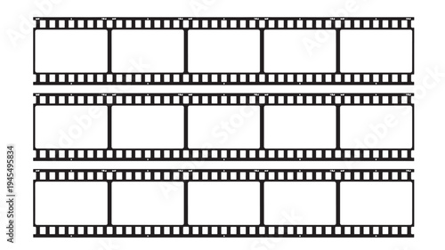 Film strips with empty frames, isolated on white background, showcasing a classic movie reel aesthetic for creative projects.