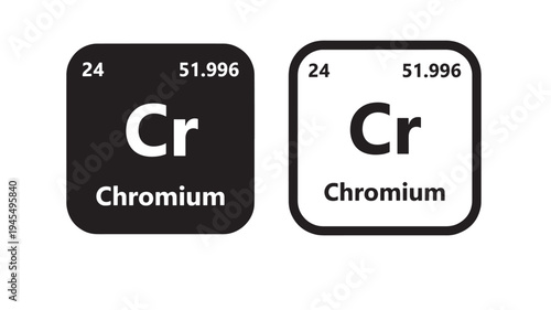 Chromium element symbol Cr with atomic number 24 and atomic mass 51.996 in black and white squares featuring Cr, periodic table, science with