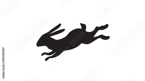 Rabbit silhouette with dynamic pose in mid air, captured in a black and white artistic illustration against a clean backdrop.