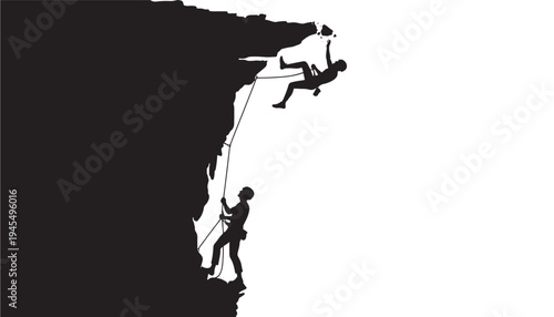 Silhouettes of two climbers ascending and descending a rocky cliff face with ropes and safety gear attached against a white background