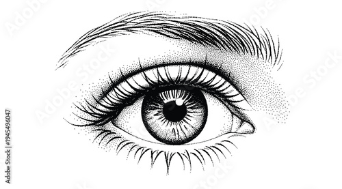 A detailed illustration of a human eye with long eyelashes and eyebrow on a white background
