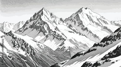 A serene black and white illustration of snow covered mountain range landscape with rugged peaks and slopes isolated on white background