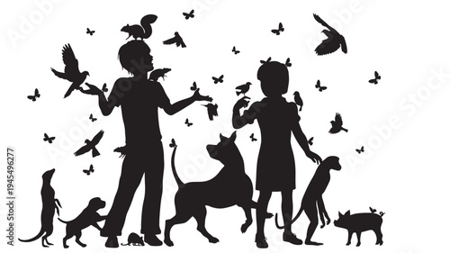 Children and a variety of animals in silhouette, including dogs, cats, birds, squirrels, and butterflies, interacting harmoniously.