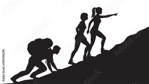 Silhouettes of three hikers with backpacks climbing a steep mountain slope, one pointing the way forward.