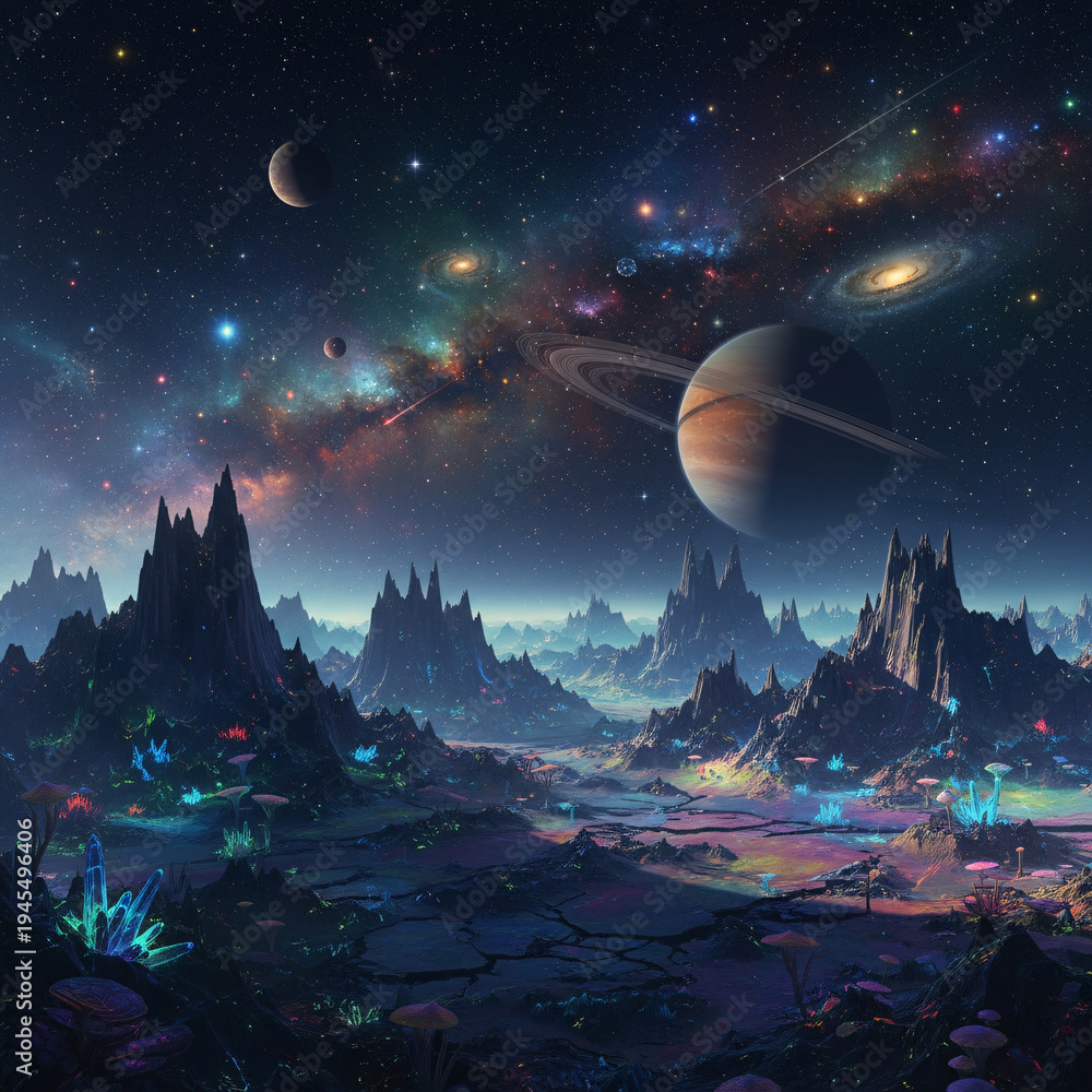 Fototapeta premium Colorful fantasy sci-fi digital art depicting alien planet surface with Saturn-like ringed planet, twin spiral galaxies, bioluminescent crystals, mushrooms, and jagged alien rock formations.
