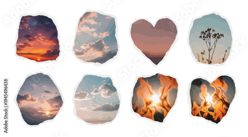 Collection of heart shaped and irregularly shaped cutouts of sunset and cloudy sky scenes