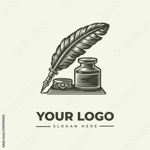 A vintage-style illustration of a quill pen, inkwell, and sanding inkwell on a wooden desk with a simple background, ideal for a logo or icon.