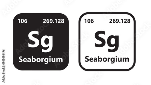 Seaborgium element icons with atomic number 106 and atomic mass 269.128 presented in black and white.