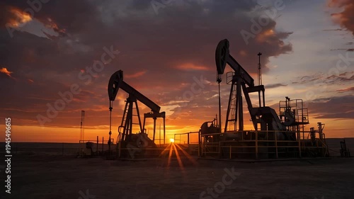 Oil pumps operating at sunset on a cloudy day in a field
