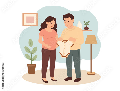 Pregnant woman and her partner looking at baby clothes while preparing for the arrival of their child. Cozy home interior in flat cartoon style, showing family bonding, maternity, anticipation and par