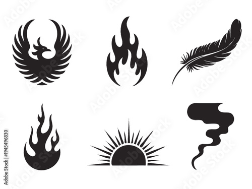 Black silhouette icon set featuring phoenix bird, fire flames, feather, rising sun, and smoke elements representing power, rebirth, energy, nature elements, and symbolic design concepts.