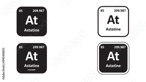 Astatine element icons with atomic number 85 and mass 209.987 in black and white featuring symbol, At, periodic table with chemistry and science