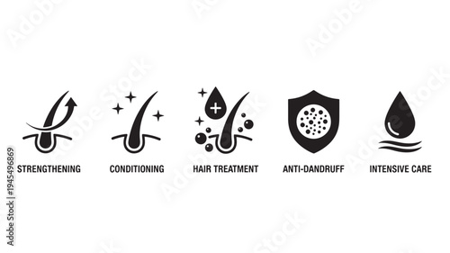 Hair care icons illustrating strengthening, conditioning, treatment, anti dandruff, and intensive care benefits for healthy hair growth.